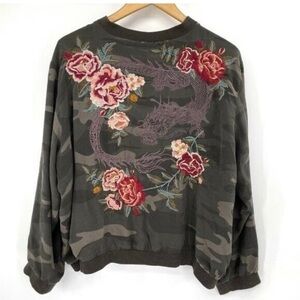 Johnny Was 100% Silk Camo Dragon Floral Embroidered Zip Front Bomber XL Jacket